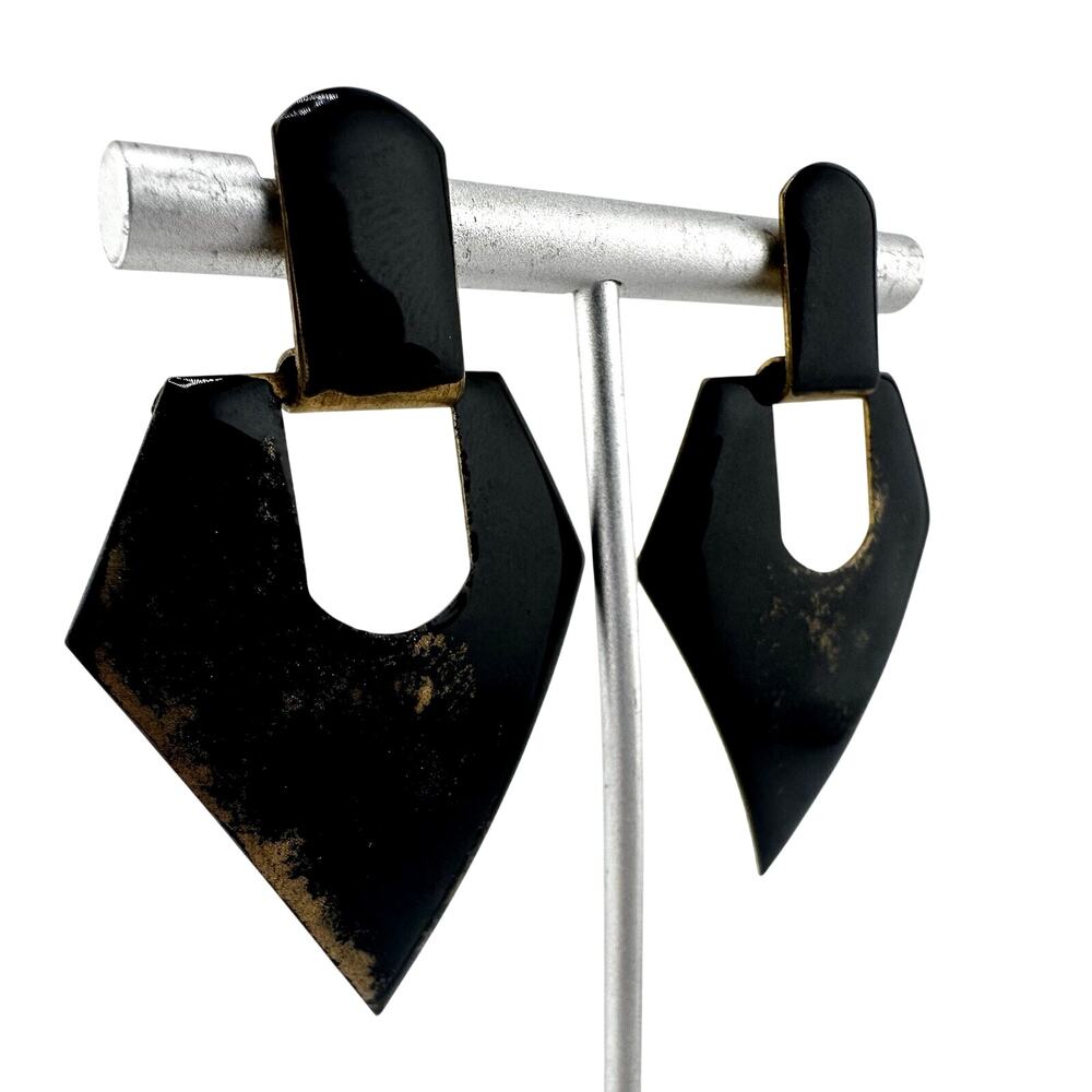 Vintage 1980s Distressed Black Enamel Gold Tone Brass Door Knocker 2” Earrings